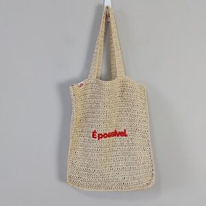 Raffia Woven Beach Tote Bag Natural Beige Crochet Handmade Embroidery Logo